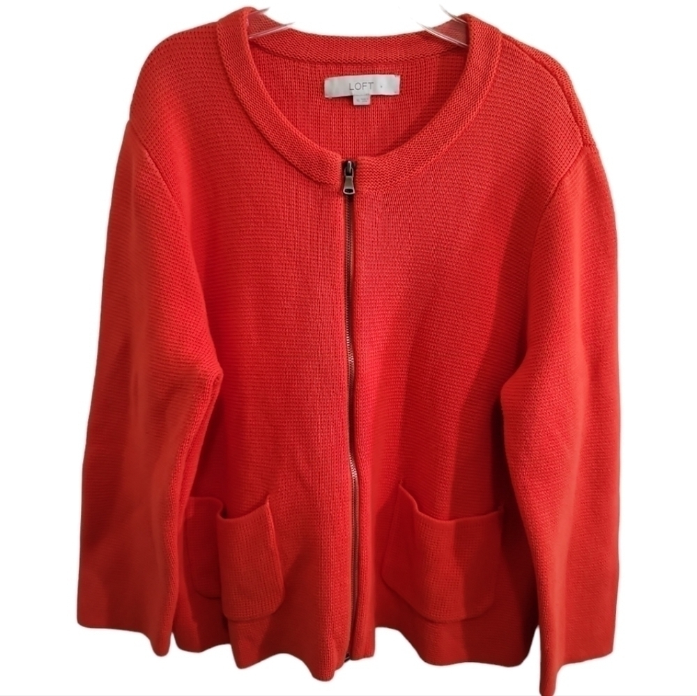 Loft Orange Patch Pockets Zip Front Cardigan XL Cotton